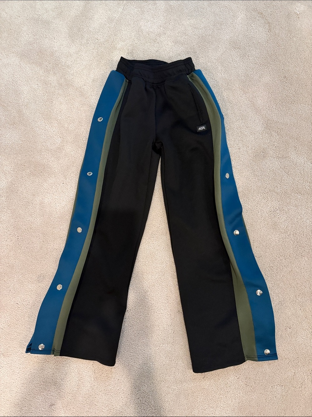 Kids Black Track Pants with Blue & Olive Side Stripes - Like New